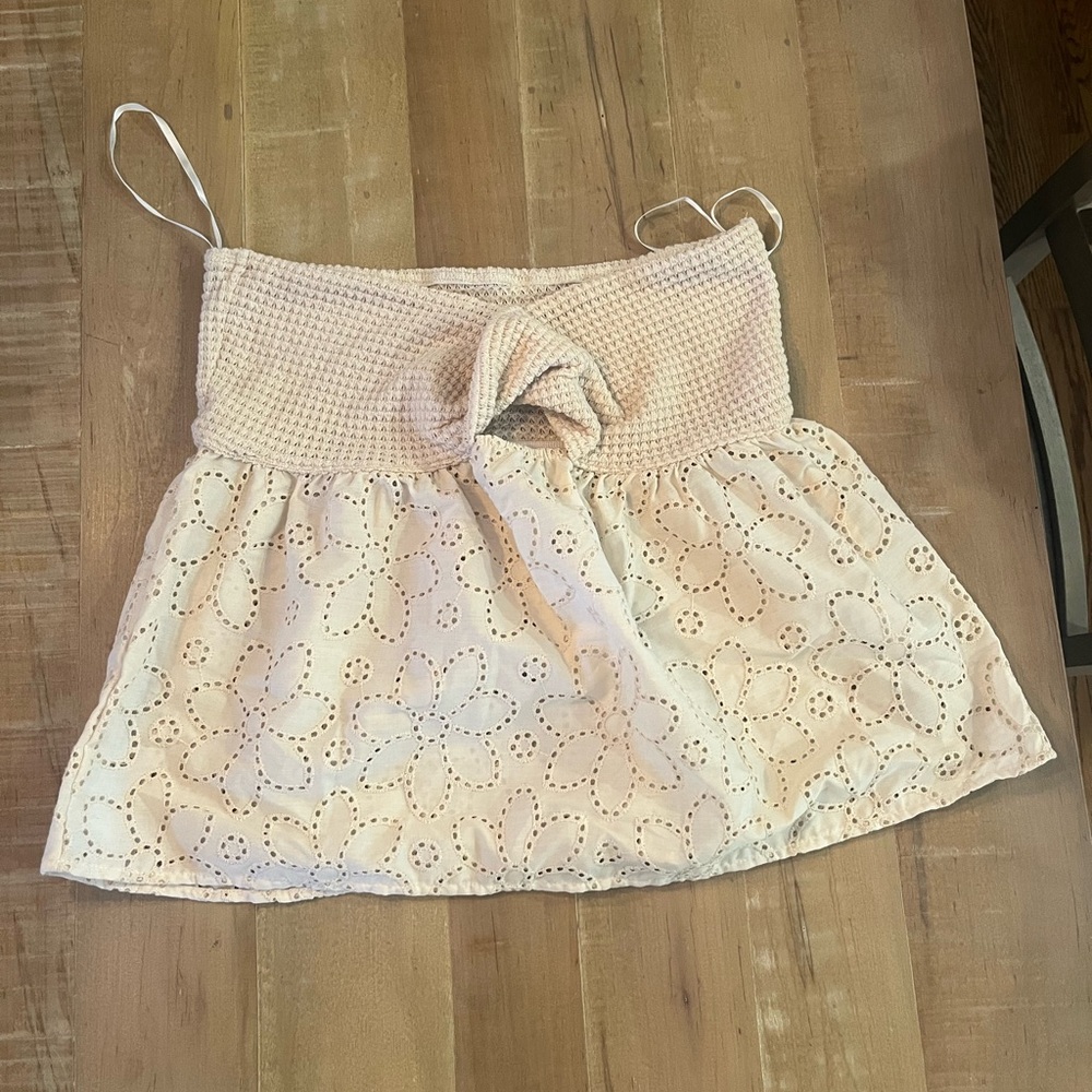 SHEIN Cream Eyelet Smocked Crop Top with Tie